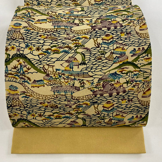 開口名古屋帶 逸品級 風景 建築 金通 薄茶 純蠶絲