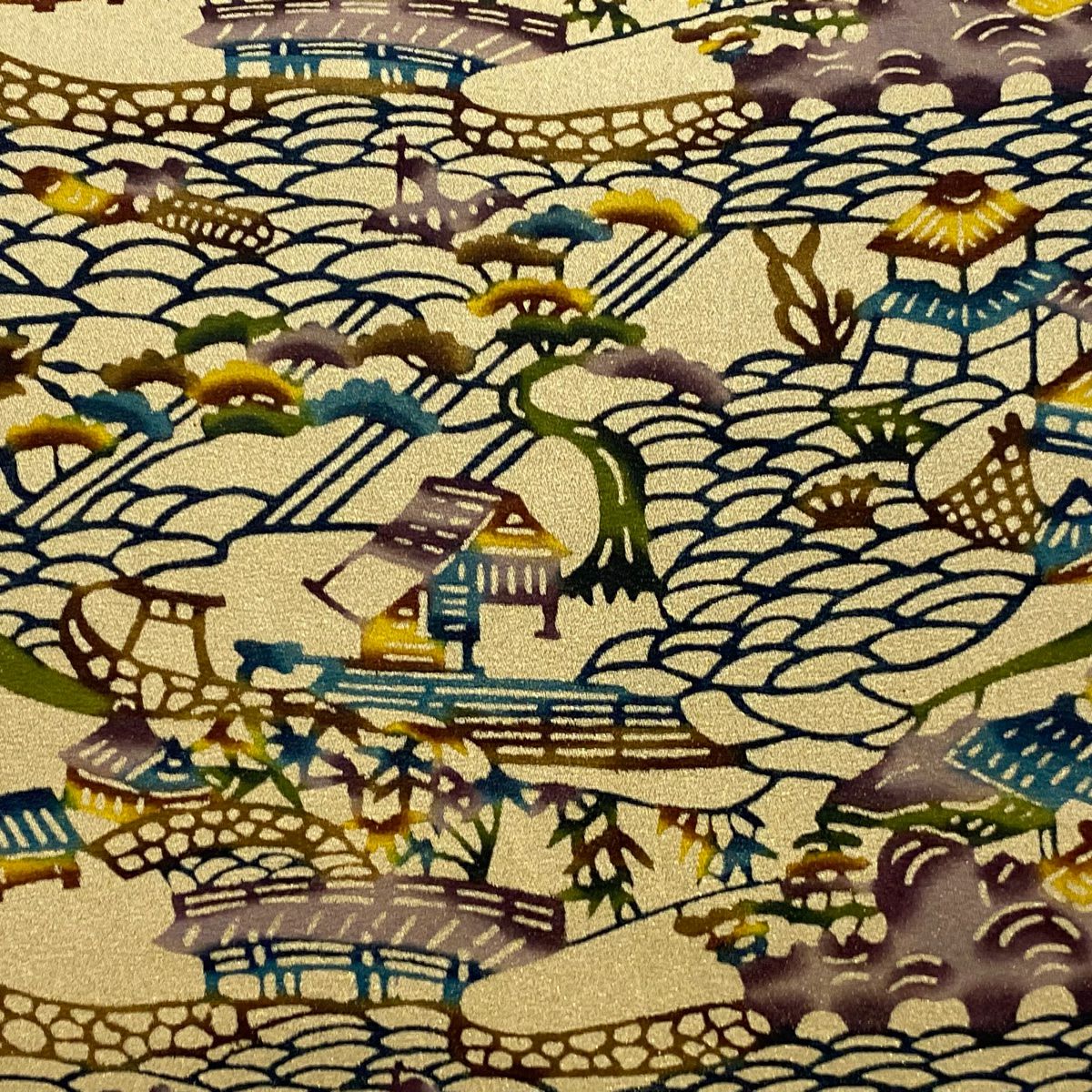 開口名古屋帶 逸品級 風景 建築 金通 薄茶 純蠶絲