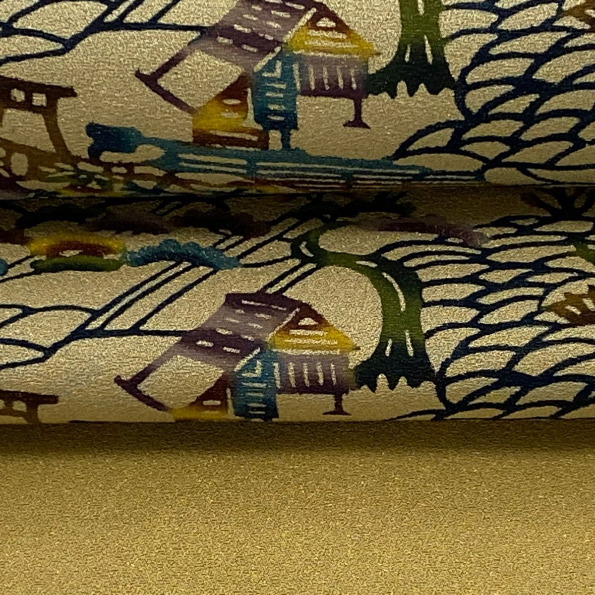 開口名古屋帶 逸品級 風景 建築 金通 薄茶 純蠶絲