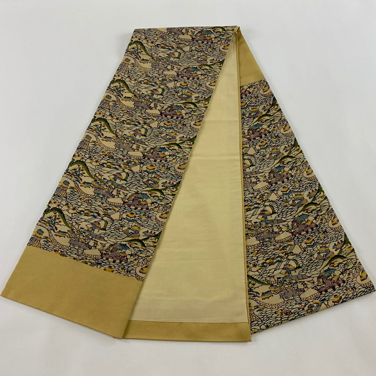 開口名古屋帶 逸品級 風景 建築 金通 薄茶 純蠶絲