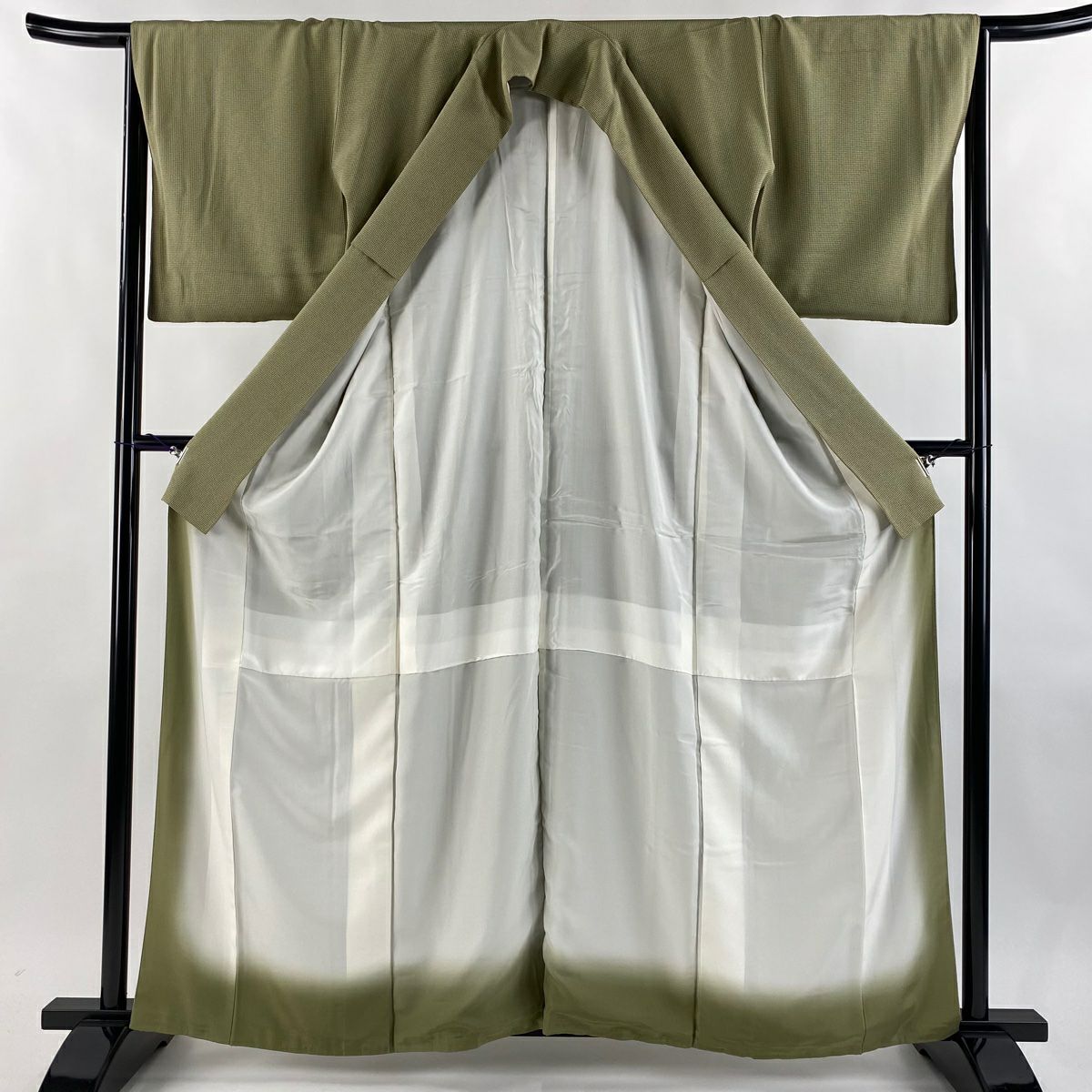小紋 身長162cm 袖長64.5cm M 雙層 格子 灰綠 純蠶絲 名品級