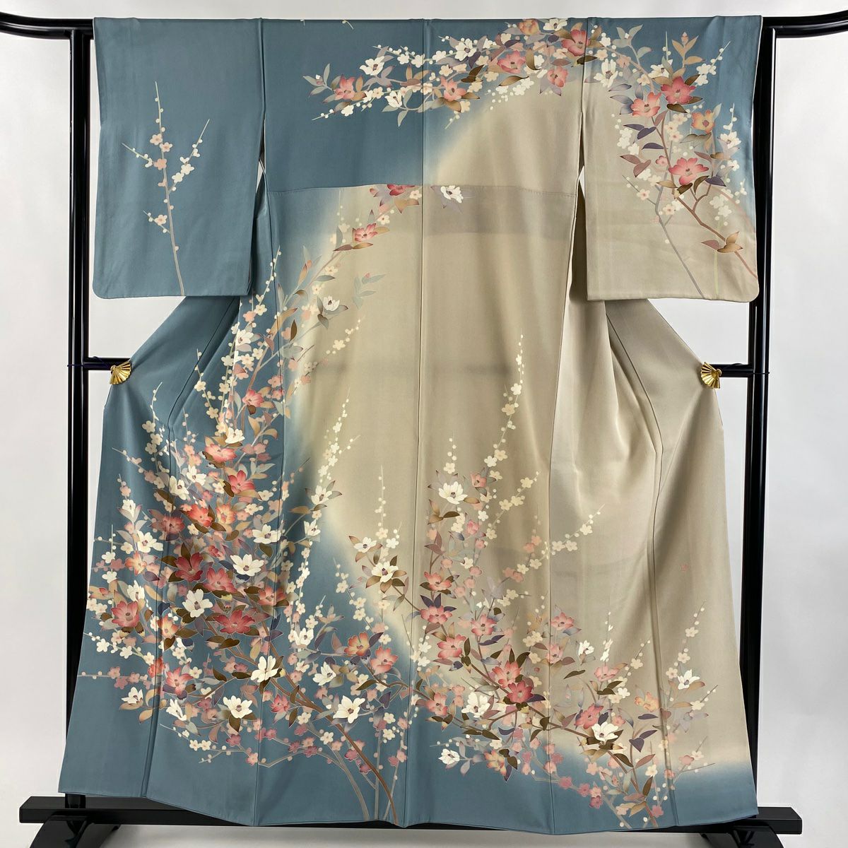 【庫存清倉】訪問服 身長158.5cm 袖長62.5cm S 雙層 落款有 枝花 枝梅花 染分 青灰 純蠶絲 名品級