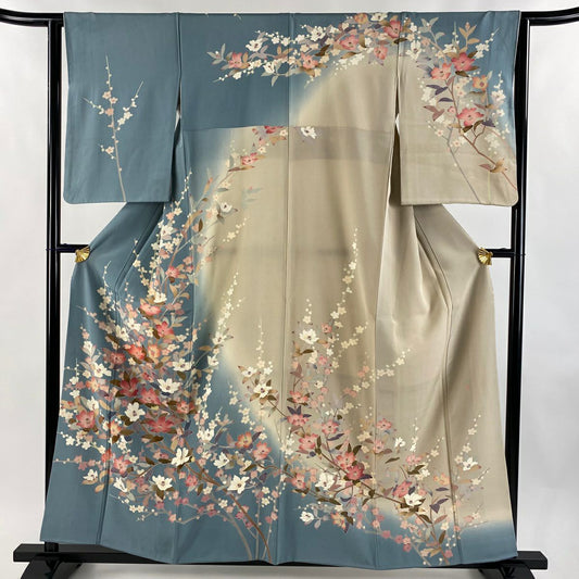 【庫存清倉】訪問服 身長158.5cm 袖長62.5cm S 雙層 落款有 枝花 枝梅花 染分 青灰 純蠶絲 名品級