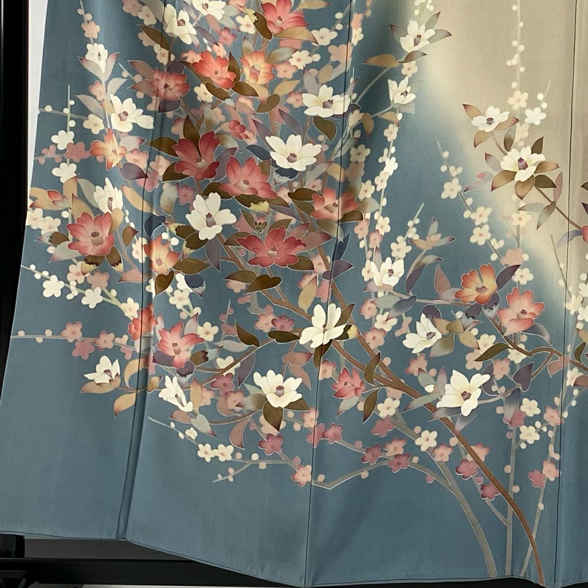 【庫存清倉】訪問服 身長158.5cm 袖長62.5cm S 雙層 落款有 枝花 枝梅花 染分 青灰 純蠶絲 名品級