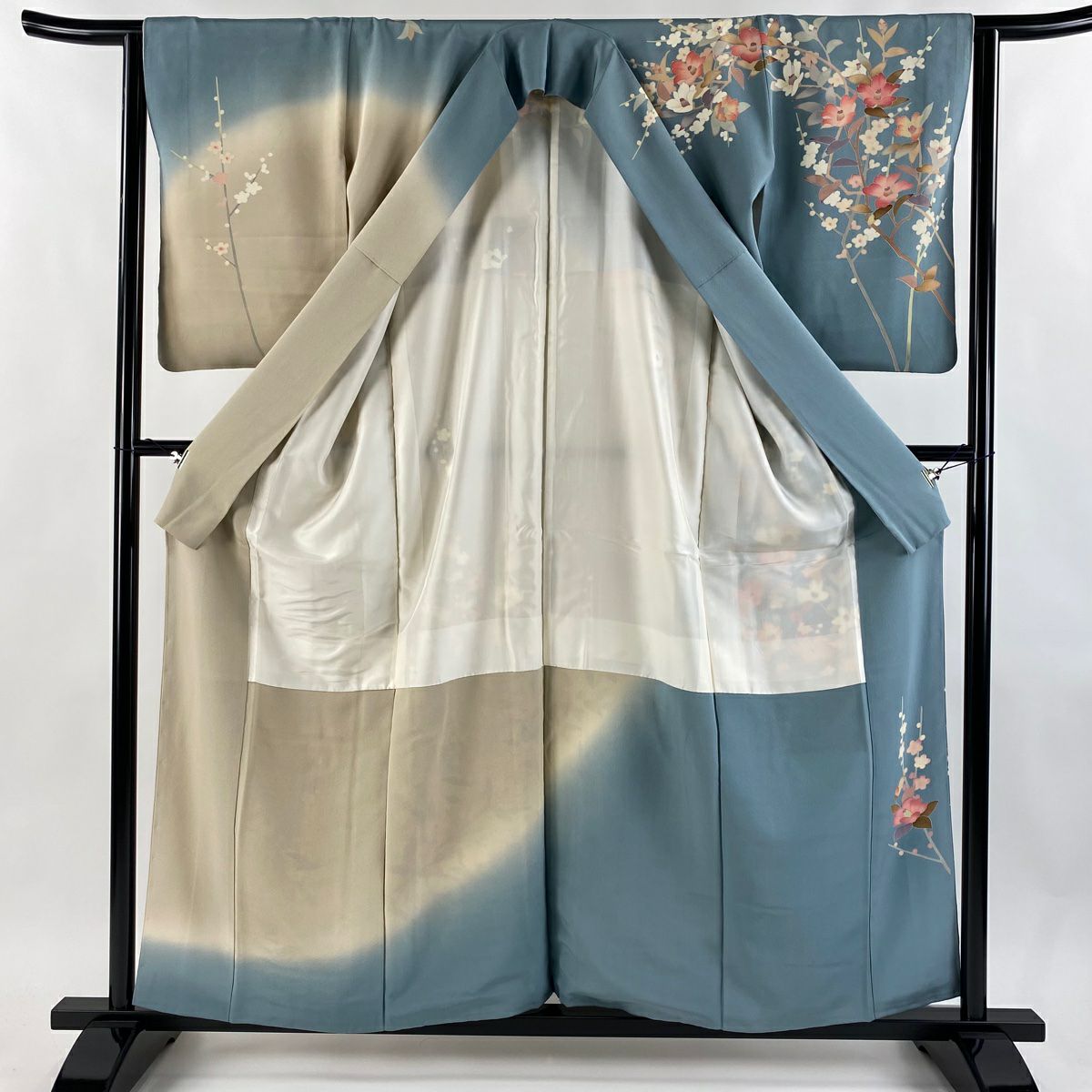 【庫存清倉】訪問服 身長158.5cm 袖長62.5cm S 雙層 落款有 枝花 枝梅花 染分 青灰 純蠶絲 名品級