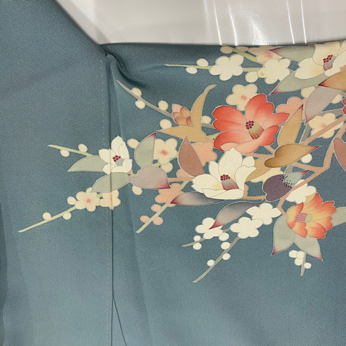 【庫存清倉】訪問服 身長158.5cm 袖長62.5cm S 雙層 落款有 枝花 枝梅花 染分 青灰 純蠶絲 名品級