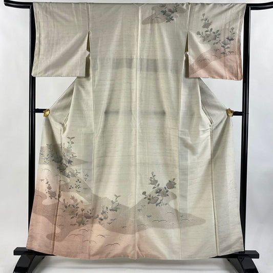 訪問服 身長160cm 袖長63.5cm S 雙層 紬織織 菊花 枝梅花 刺繡 灰白 純蠶絲 名品級