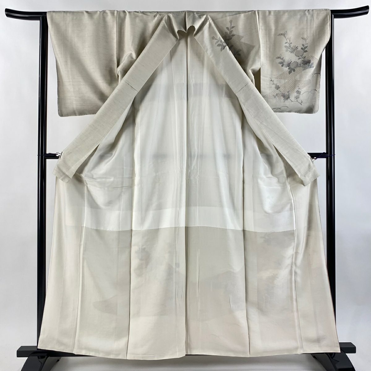 訪問服 身長160cm 袖長63.5cm S 雙層 紬織織 菊花 枝梅花 刺繡 灰白 純蠶絲 名品級