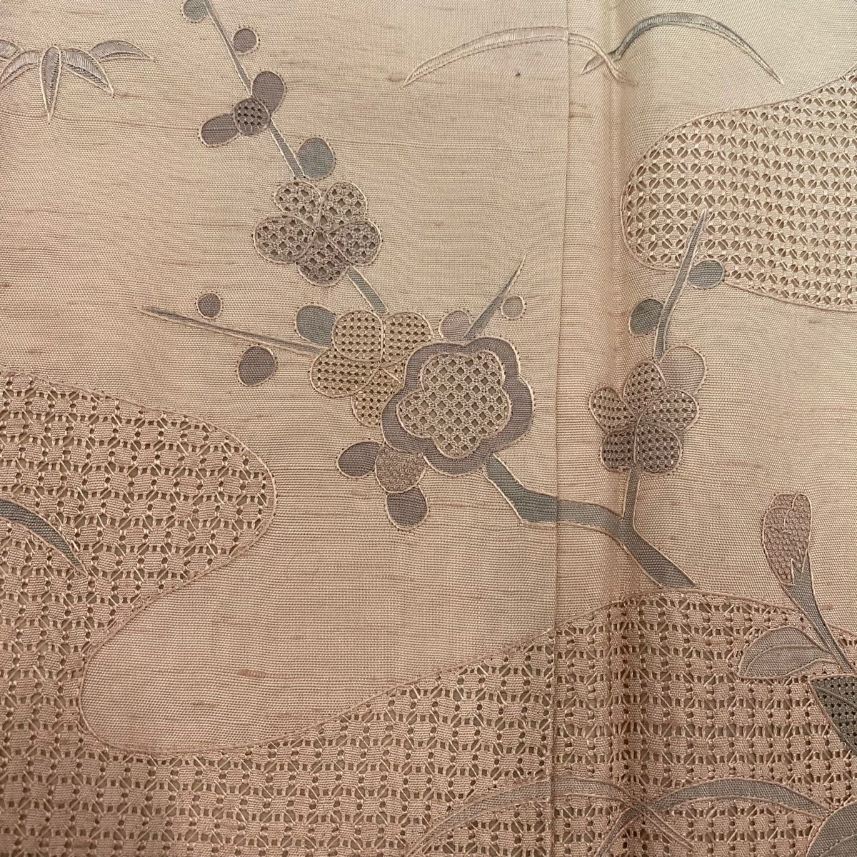 訪問服 身長160cm 袖長63.5cm S 雙層 紬織織 菊花 枝梅花 刺繡 灰白 純蠶絲 名品級