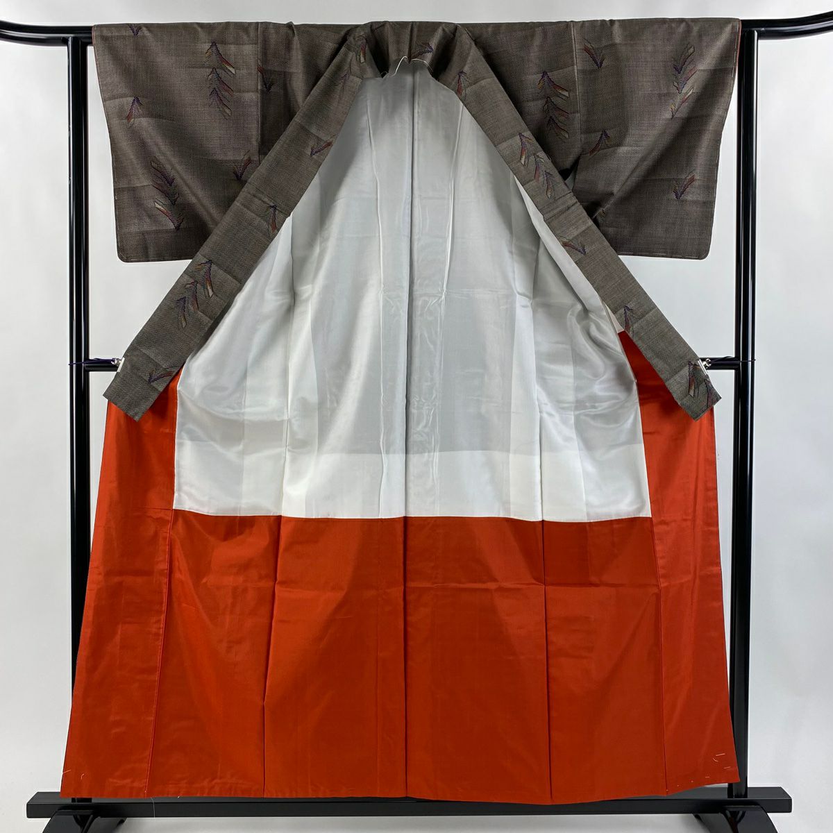 【美品】 大島織 身長157.5cm 袖長62.5cm S 雙層 都喜ヱ門 純泥染 證書あり 葉紋 焦茶 正蠶絲 逸品級
