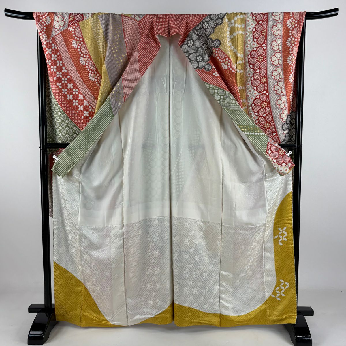【美品】振袖禮服 身長164cm 袖長68cm L 雙層 花 熨斗紋 金通刺繡 橙色 純蠶絲 逸品級