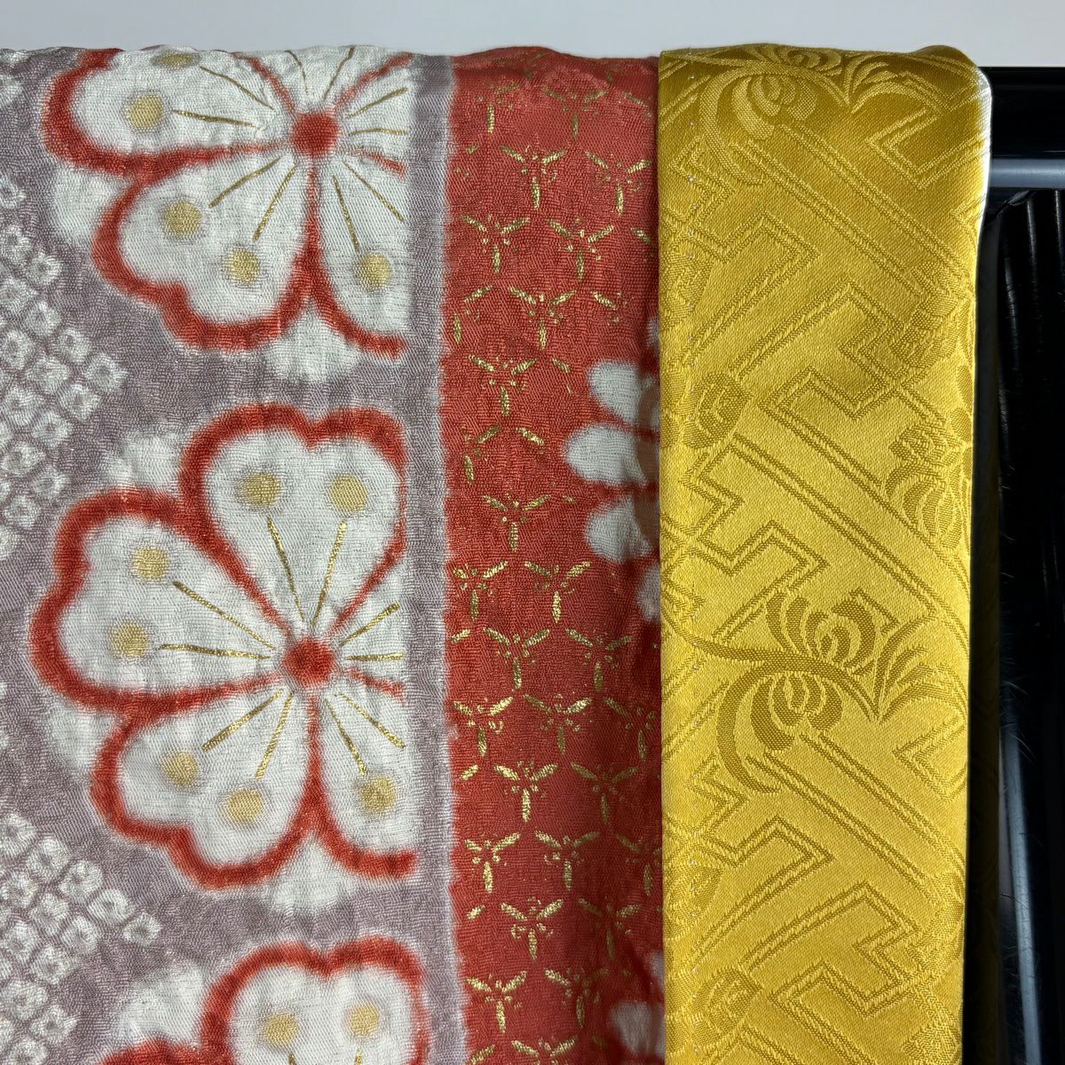 【美品】振袖禮服 身長164cm 袖長68cm L 雙層 花 熨斗紋 金通刺繡 橙色 純蠶絲 逸品級