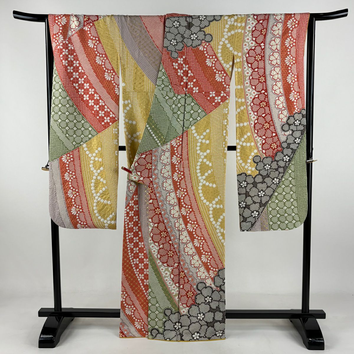 【美品】振袖禮服 身長164cm 袖長68cm L 雙層 花 熨斗紋 金通刺繡 橙色 純蠶絲 逸品級