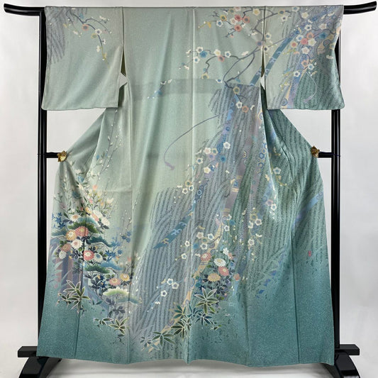 訪問服 身長162cm 袖長66cm M 雙層 芳翠 落款あり 松樹竹子梅花 菊花 薄綠 純蠶絲 逸品級