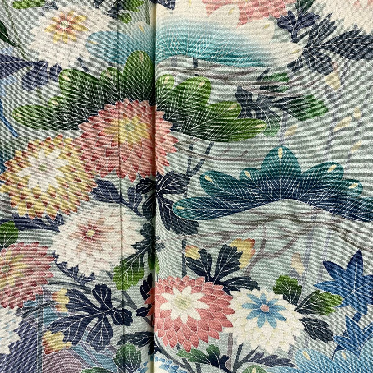 訪問服 身長162cm 袖長66cm M 雙層 芳翠 落款あり 松樹竹子梅花 菊花 薄綠 純蠶絲 逸品級