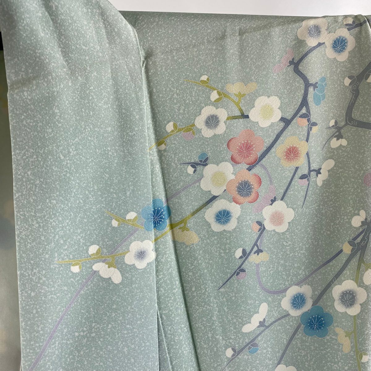 訪問服 身長162cm 袖長66cm M 雙層 芳翠 落款あり 松樹竹子梅花 菊花 薄綠 純蠶絲 逸品級