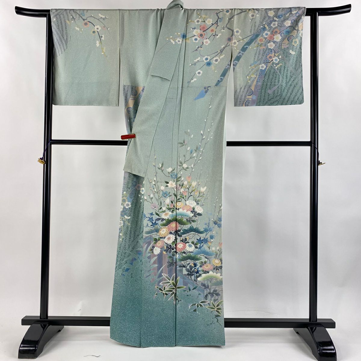 訪問服 身長162cm 袖長66cm M 雙層 芳翠 落款あり 松樹竹子梅花 菊花 薄綠 純蠶絲 逸品級