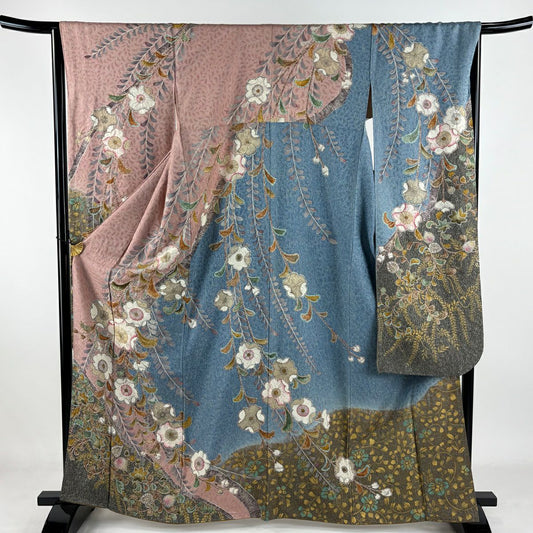 【美品】振袖禮服 身長165.5cm 袖長66cm M 雙層 辻花染 銀彩 染分 粉米色 純蠶絲 逸品級