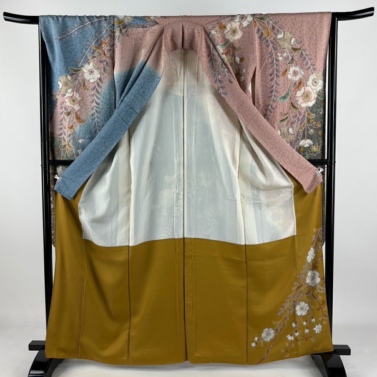 【美品】振袖禮服 身長165.5cm 袖長66cm M 雙層 辻花染 銀彩 染分 粉米色 純蠶絲 逸品級
