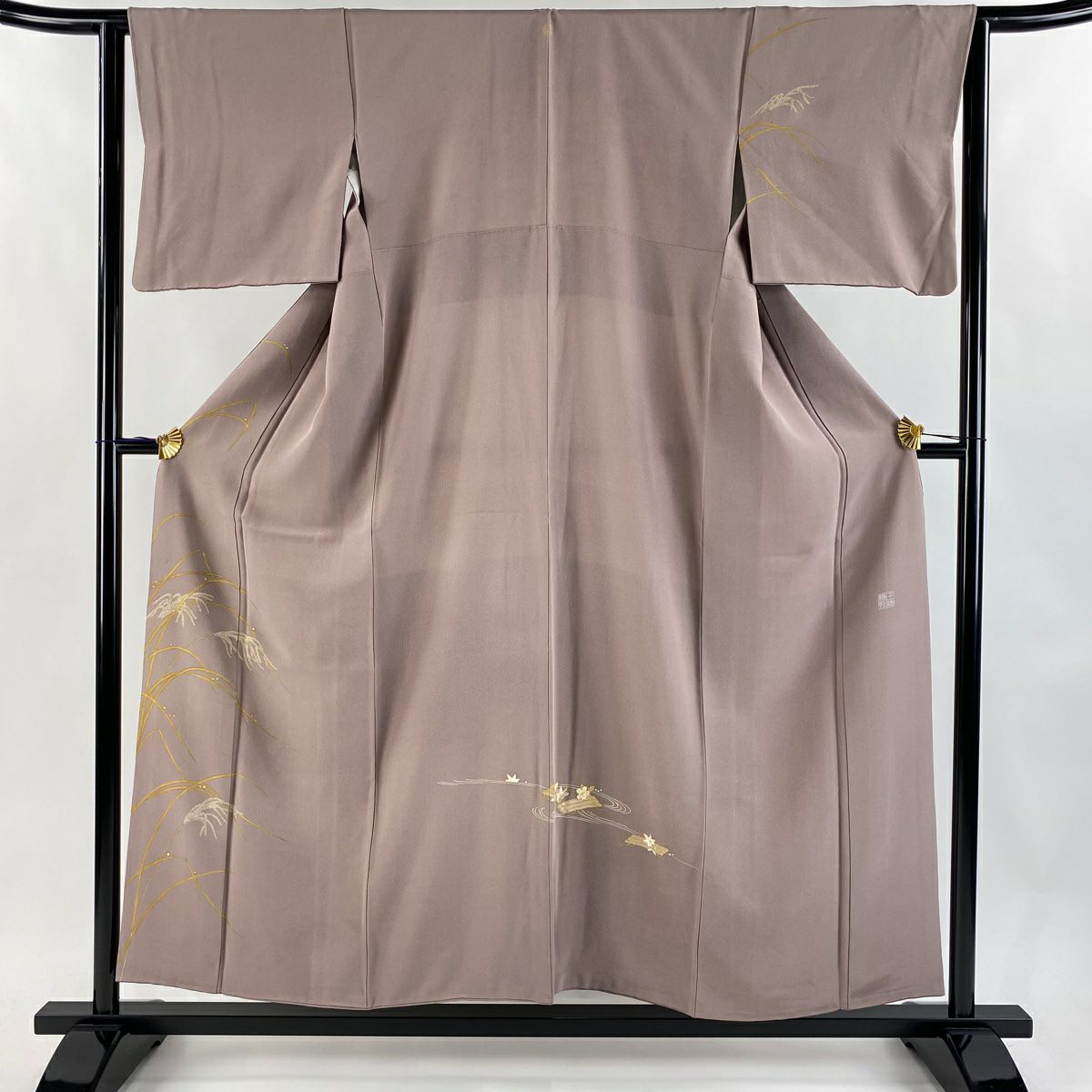 付下 身長154.5cm 袖長63.5cm S 雙層 千總 有落款 蘆葦 花筏 金銀彩 金絲 淺小豆 純蠶絲 逸品級 一個紋