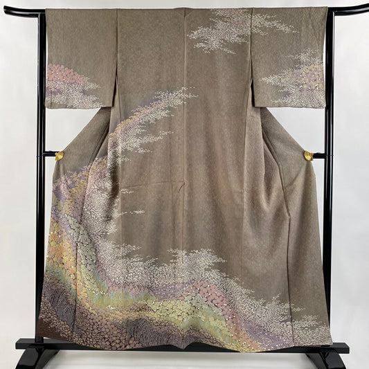 訪問服 身長157cm 袖長63cm S 雙層 草花紋紋 地紋 金彩裝飾 茶綠 純蠶絲 逸品級