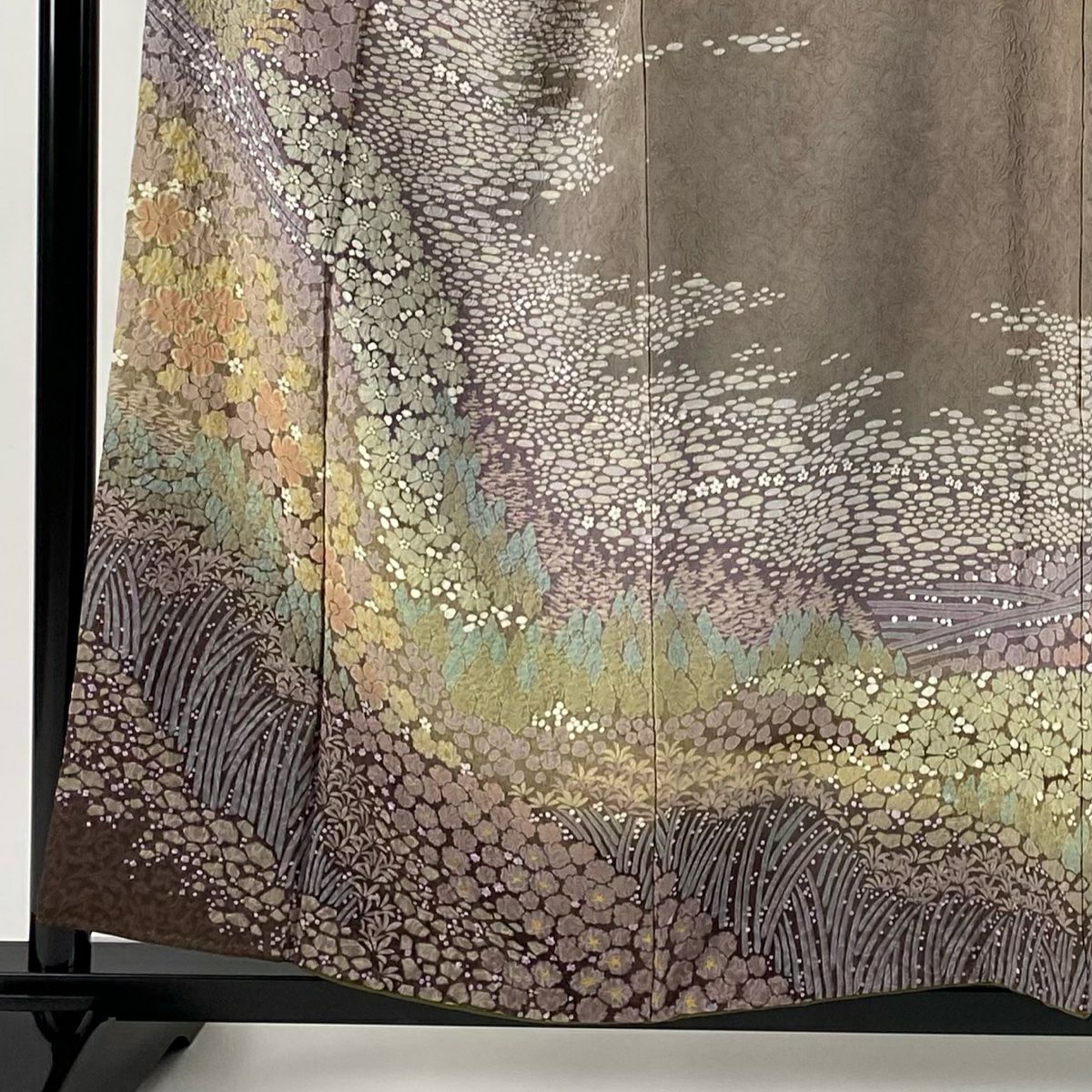 訪問服 身長157cm 袖長63cm S 雙層 草花紋紋 地紋 金彩裝飾 茶綠 純蠶絲 逸品級