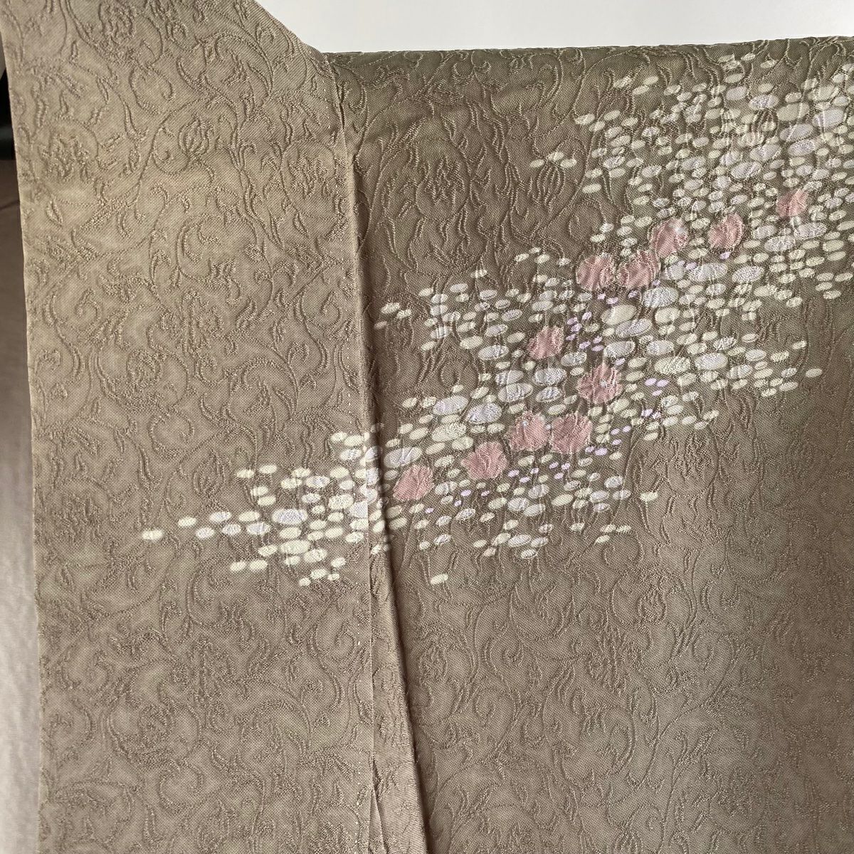訪問服 身長157cm 袖長63cm S 雙層 草花紋紋 地紋 金彩裝飾 茶綠 純蠶絲 逸品級