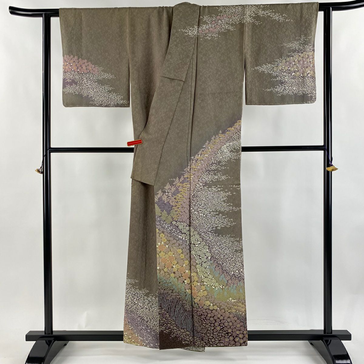 訪問服 身長157cm 袖長63cm S 雙層 草花紋紋 地紋 金彩裝飾 茶綠 純蠶絲 逸品級