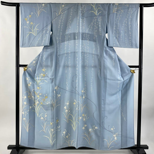 訪問服 身長159.5cm 袖長64cm M 單層 千總 落款あり 草花紋紋 鷺草 金金箔 銀彩 水色 純蠶絲 逸品級 一つ紋