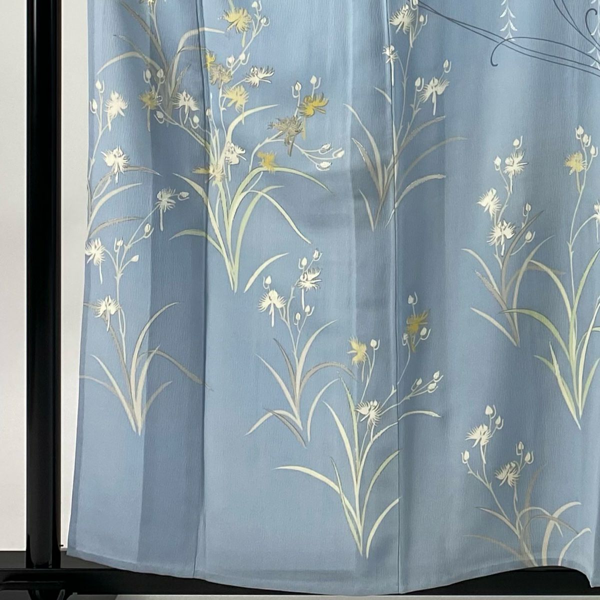 訪問服 身長159.5cm 袖長64cm M 單層 千總 落款あり 草花紋紋 鷺草 金金箔 銀彩 水色 純蠶絲 逸品級 一つ紋
