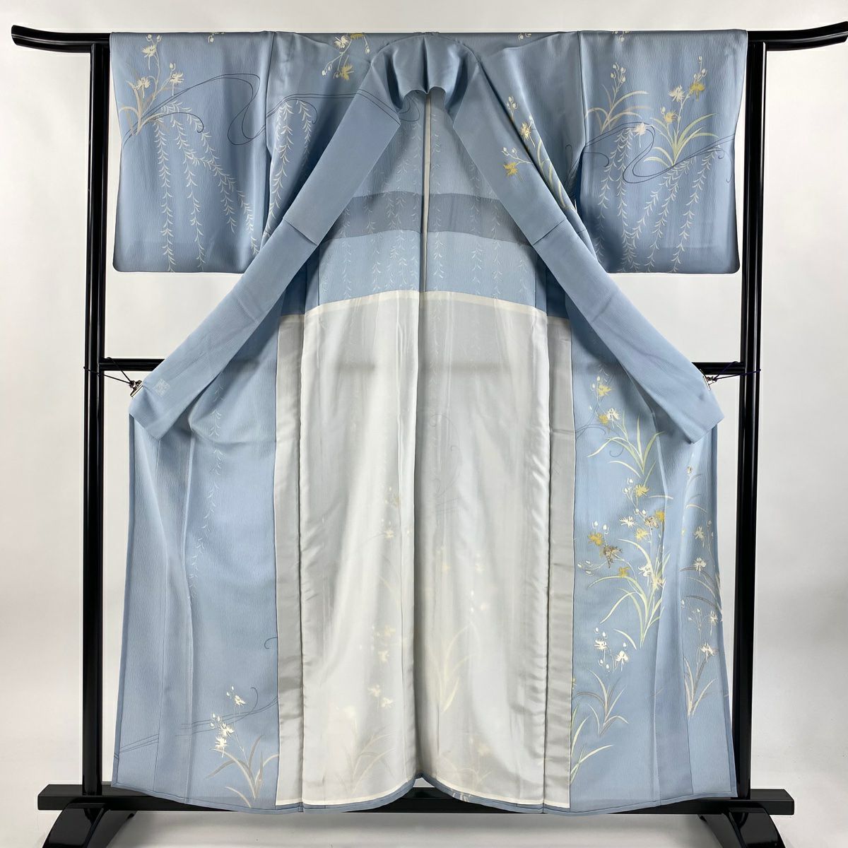 訪問服 身長159.5cm 袖長64cm M 單層 千總 落款あり 草花紋紋 鷺草 金金箔 銀彩 水色 純蠶絲 逸品級 一つ紋