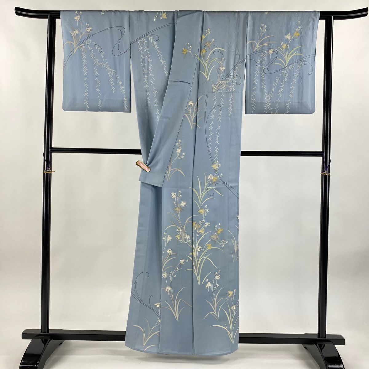 訪問服 身長159.5cm 袖長64cm M 單層 千總 落款あり 草花紋紋 鷺草 金金箔 銀彩 水色 純蠶絲 逸品級 一つ紋