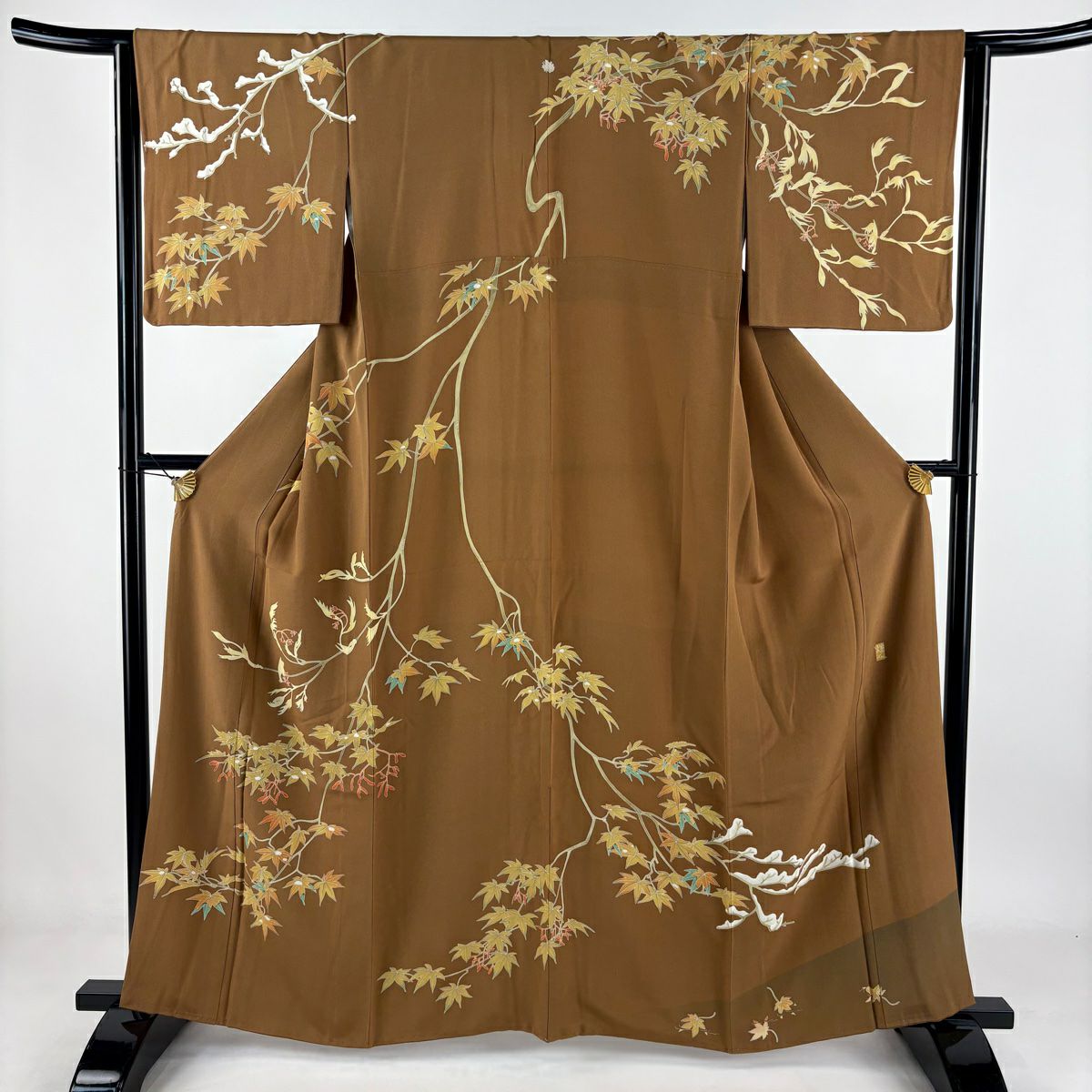 【美品】訪問服 身長161cm 袖長64cm M 雙層 由水煌人 落款あり 紅葉 茶 純蠶絲 逸品級 一つ紋