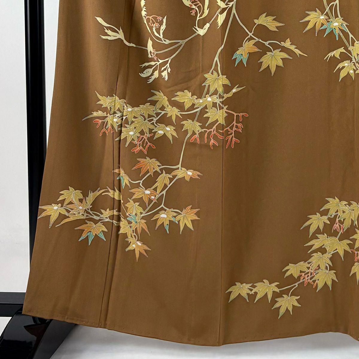 【美品】訪問服 身長161cm 袖長64cm M 雙層 由水煌人 落款あり 紅葉 茶 純蠶絲 逸品級 一つ紋