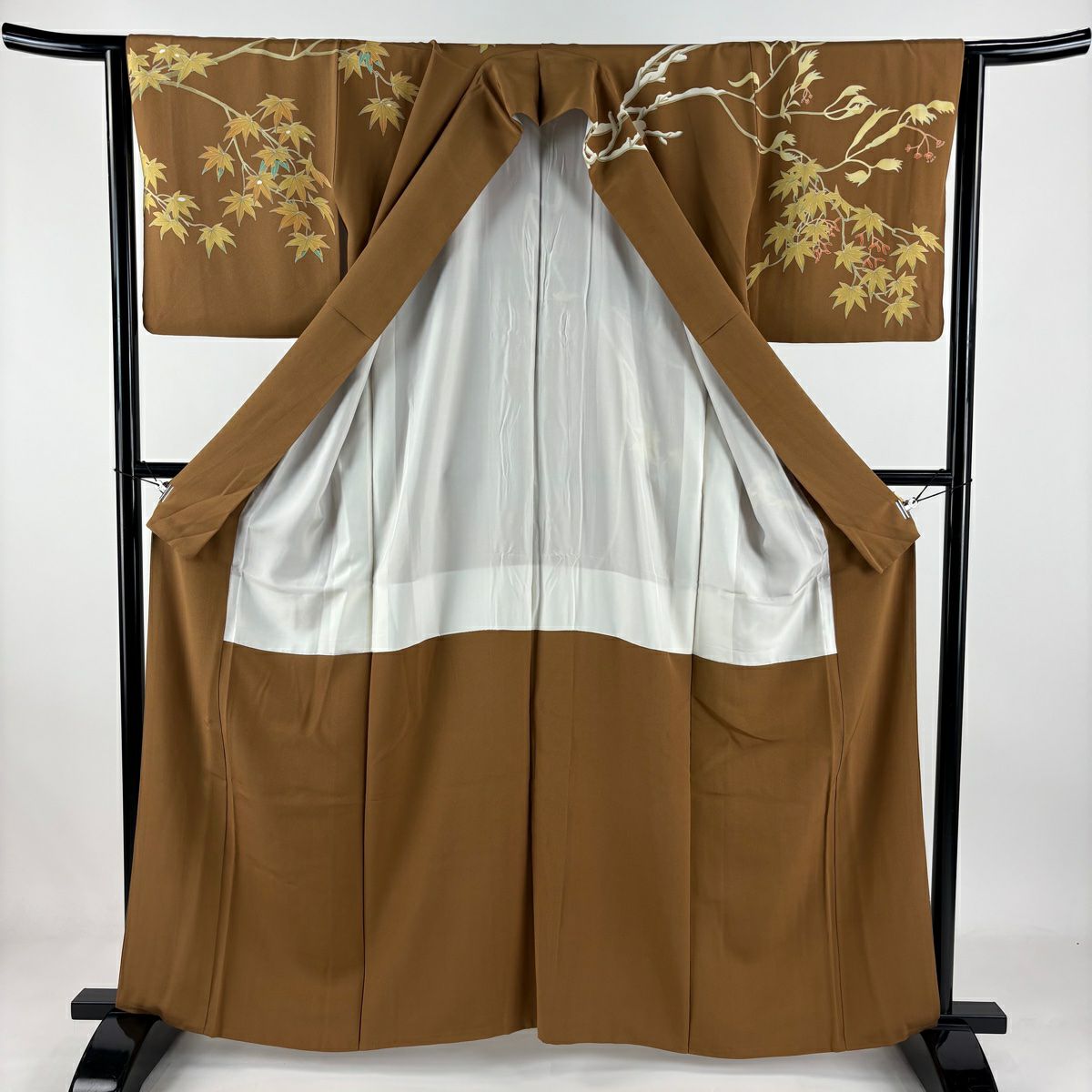 【美品】訪問服 身長161cm 袖長64cm M 雙層 由水煌人 落款あり 紅葉 茶 純蠶絲 逸品級 一つ紋