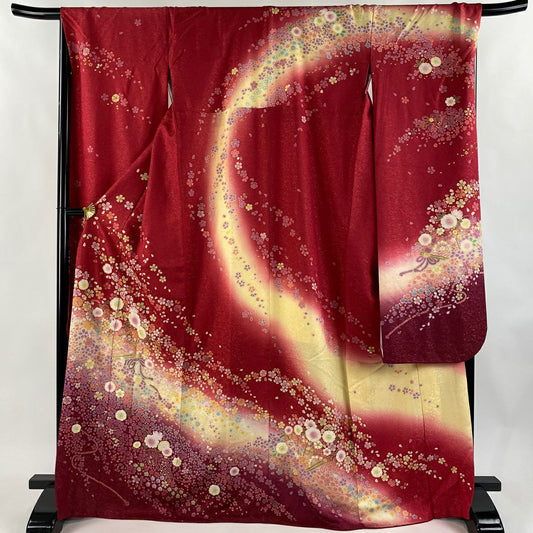 【美品】振袖禮服 身長170.5cm 袖長68cm L 雙層 櫻花 金通 金銀彩 茜 純蠶絲 逸品級