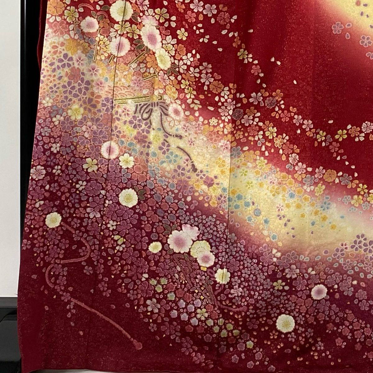 【美品】振袖禮服 身長170.5cm 袖長68cm L 雙層 櫻花 金通 金銀彩 茜 純蠶絲 逸品級