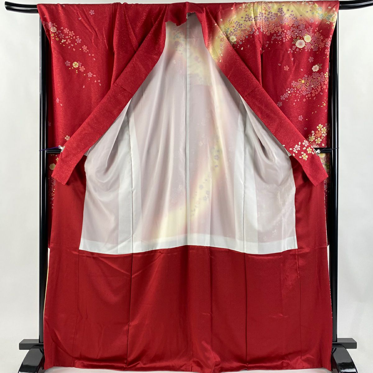 【美品】振袖禮服 身長170.5cm 袖長68cm L 雙層 櫻花 金通 金銀彩 茜 純蠶絲 逸品級