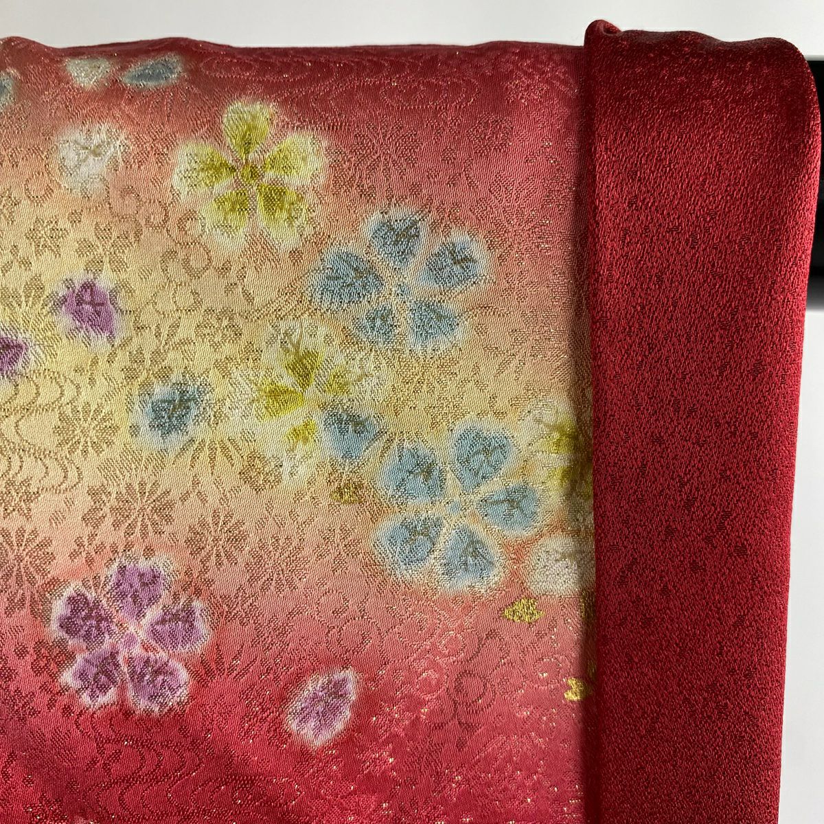 【美品】振袖禮服 身長170.5cm 袖長68cm L 雙層 櫻花 金通 金銀彩 茜 純蠶絲 逸品級