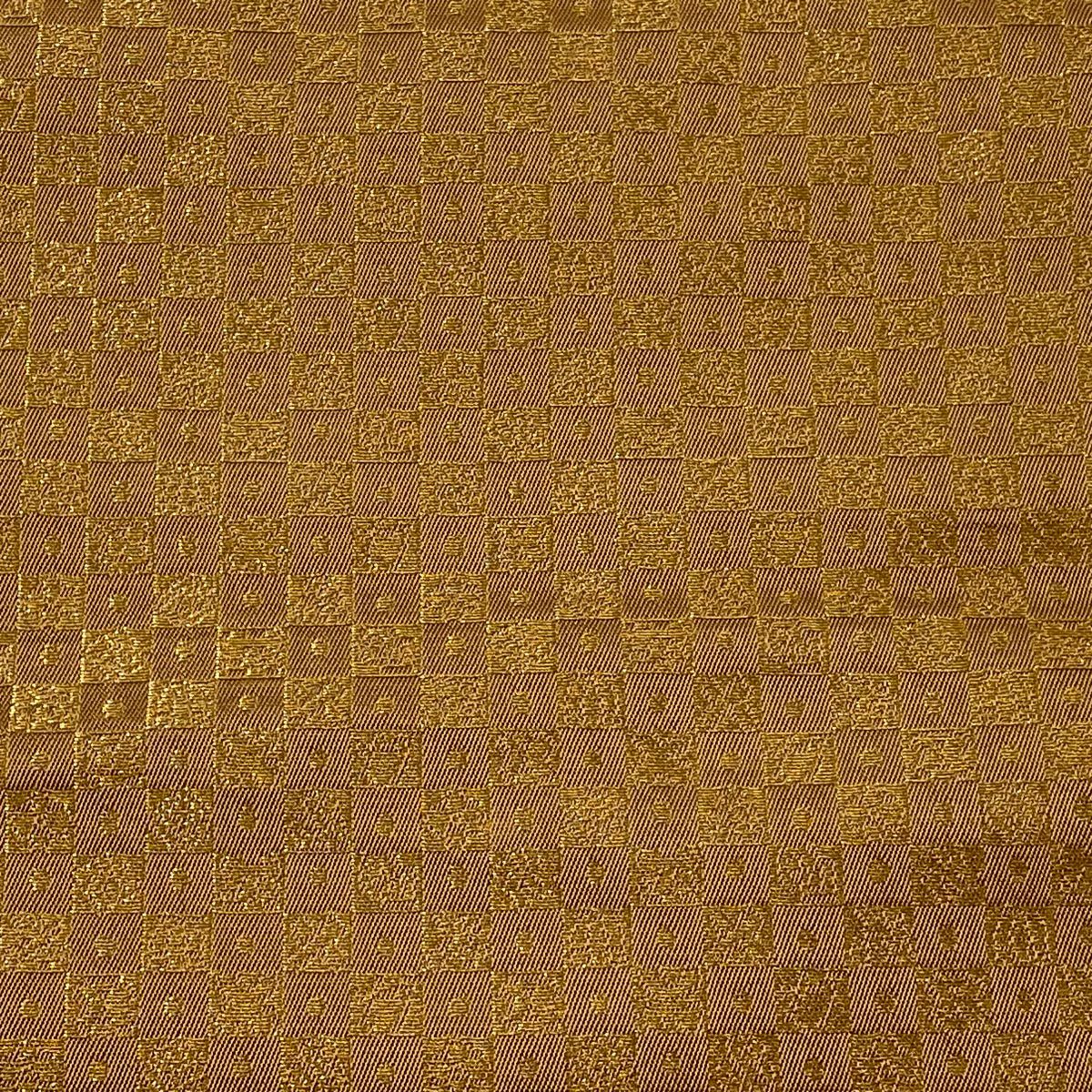【美品】 袋帶 逸品級 龍村平藏 落款あり 市松樹 幾何學圖案 金絲 淺茶 六通 純蠶絲