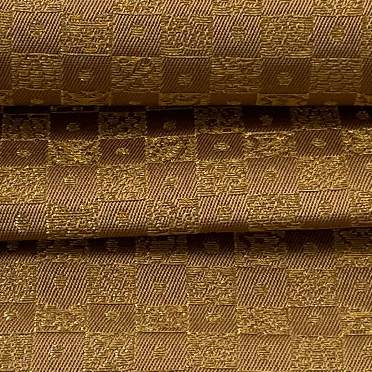 【美品】 袋帶 逸品級 龍村平藏 落款あり 市松樹 幾何學圖案 金絲 淺茶 六通 純蠶絲