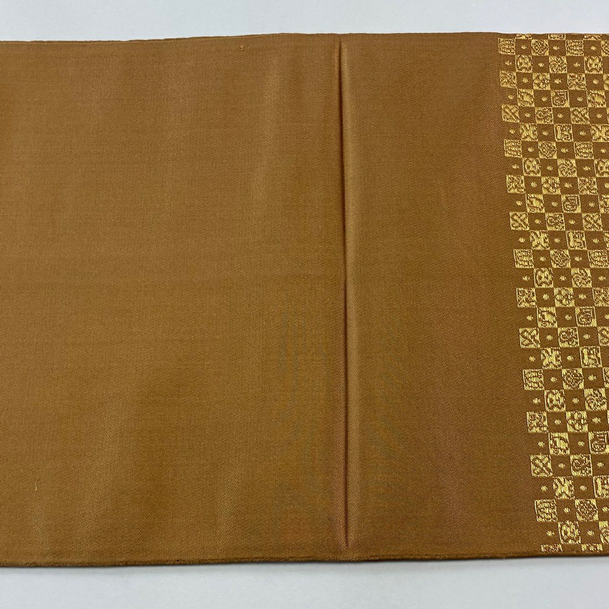 【美品】 袋帶 逸品級 龍村平藏 落款あり 市松樹 幾何學圖案 金絲 淺茶 六通 純蠶絲