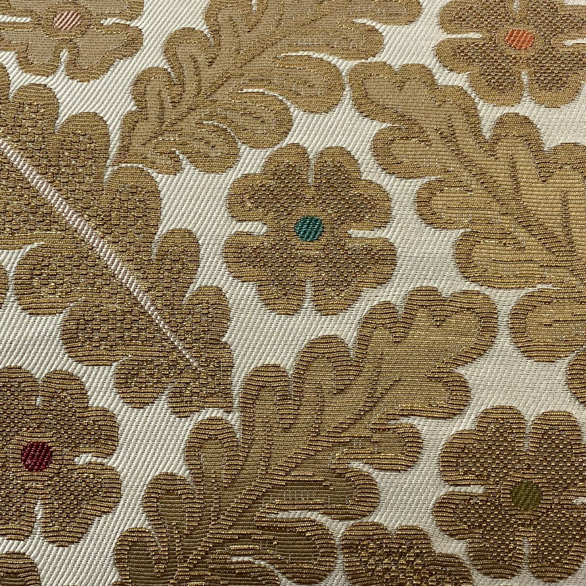 【美品】 袋帶 逸品級 附落款 こむさでもーど 鈴乃屋 草花紋紋 金金箔 米色 六通 純蠶絲