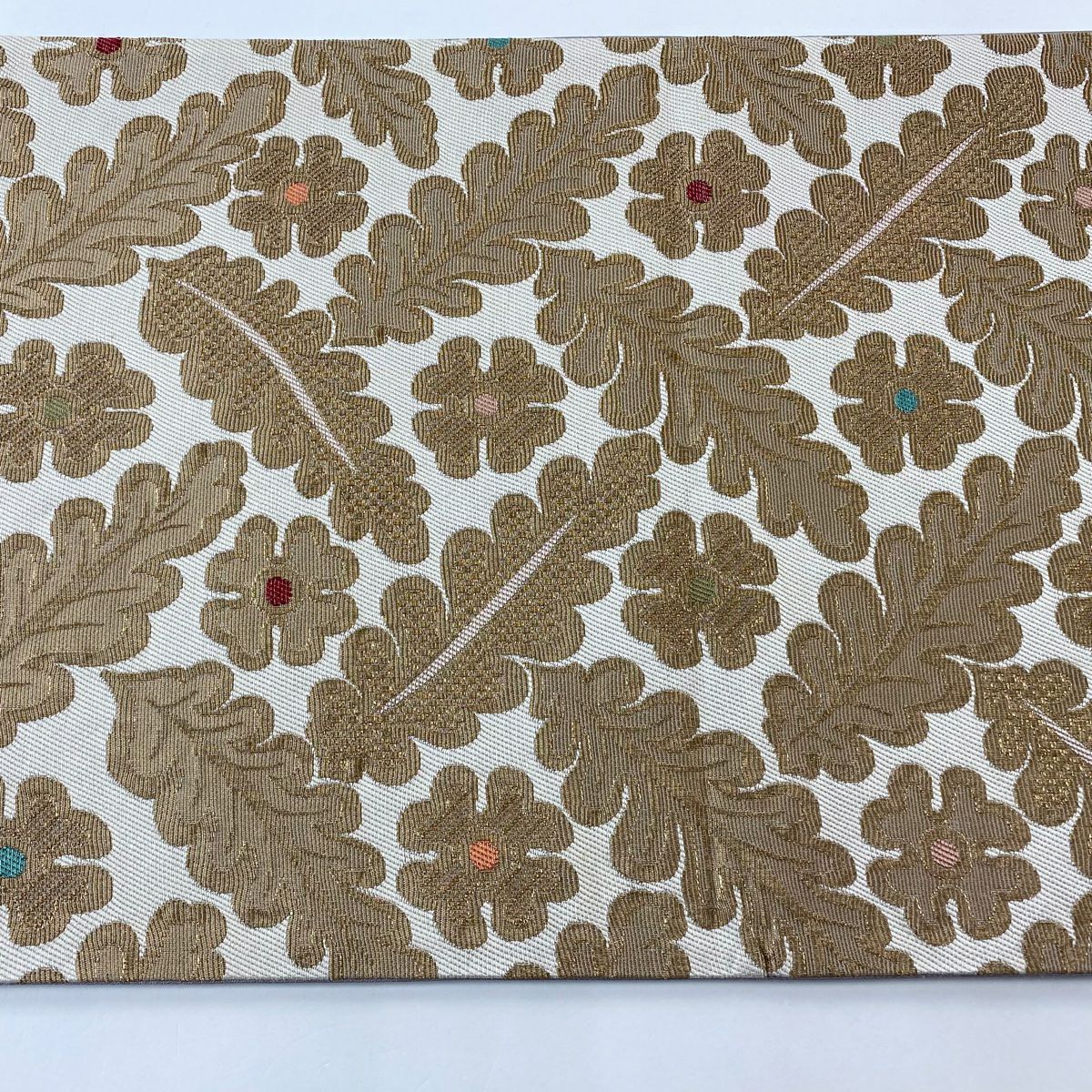 【美品】 袋帶 逸品級 附落款 こむさでもーど 鈴乃屋 草花紋紋 金金箔 米色 六通 純蠶絲