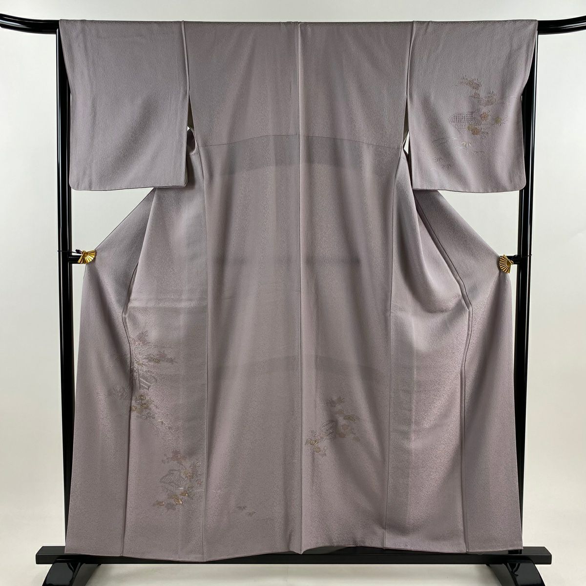 付下 身長156.5cm 袖長66cm M 雙層 家屋 草花紋紋 金糸刺繡 灰紫 純蠶絲 秀品級