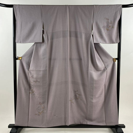 付下 身長156.5cm 袖長66cm M 雙層 家屋 草花紋紋 金糸刺繡 灰紫 純蠶絲 秀品級