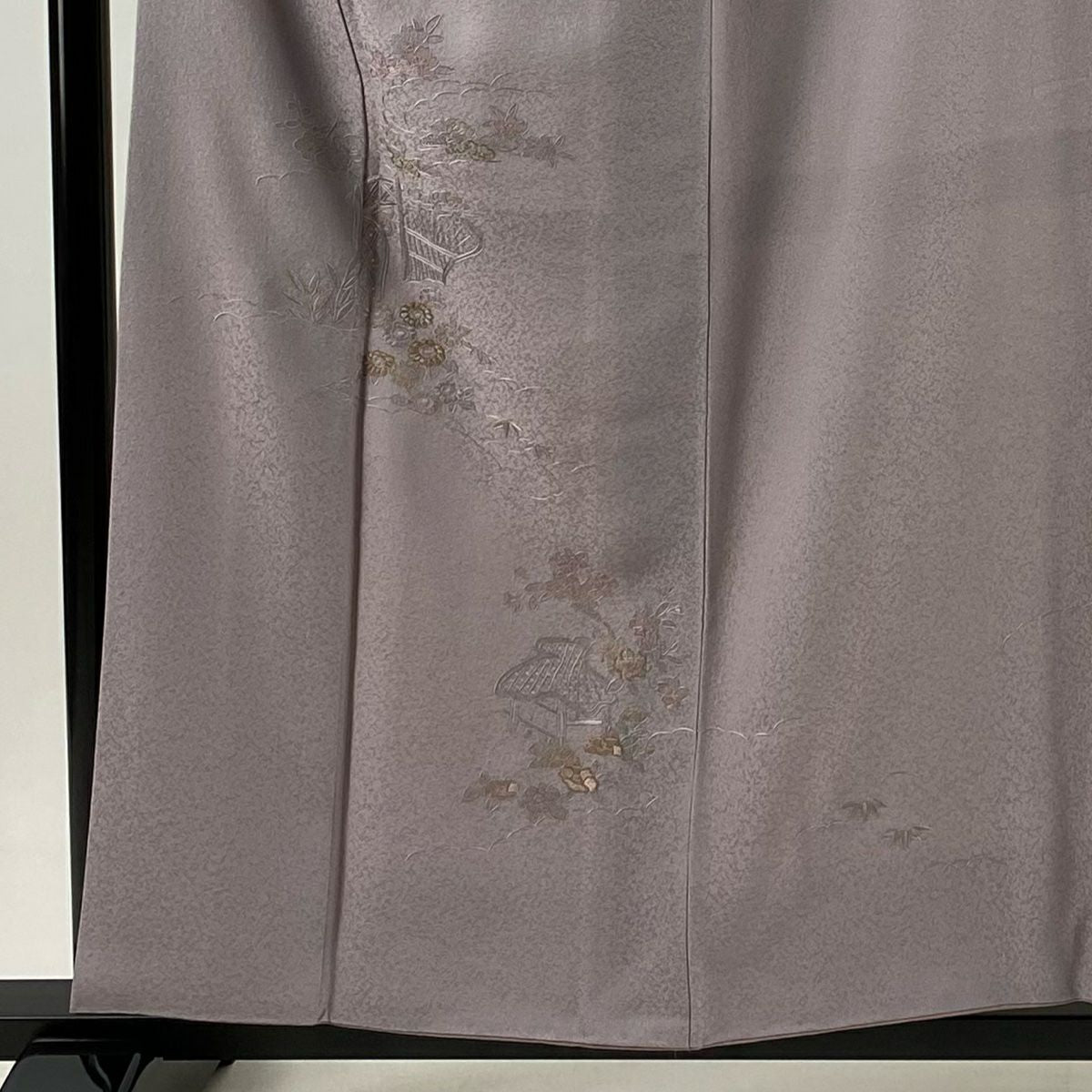 付下 身長156.5cm 袖長66cm M 雙層 家屋 草花紋紋 金糸刺繡 灰紫 純蠶絲 秀品級