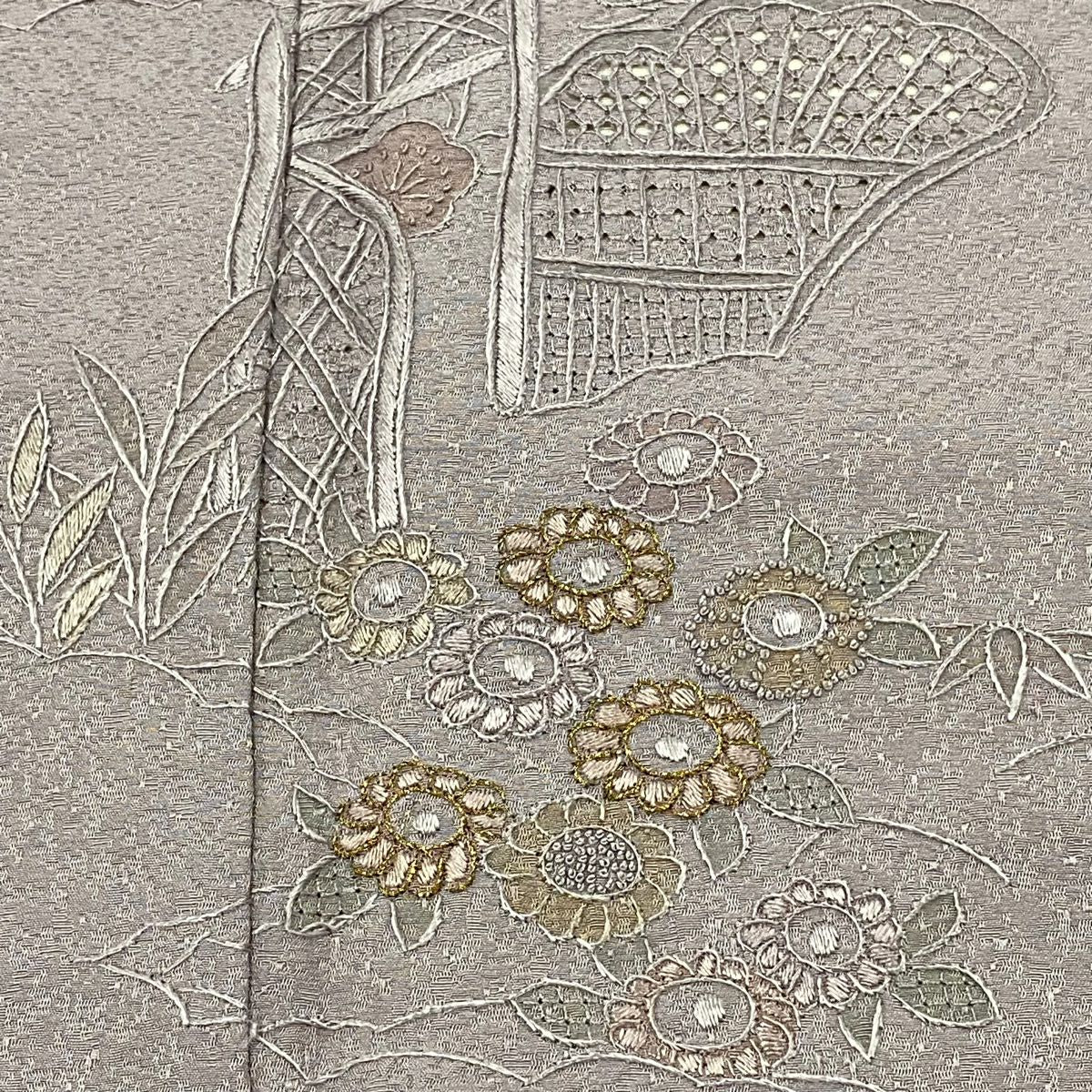 付下 身長156.5cm 袖長66cm M 雙層 家屋 草花紋紋 金糸刺繡 灰紫 純蠶絲 秀品級