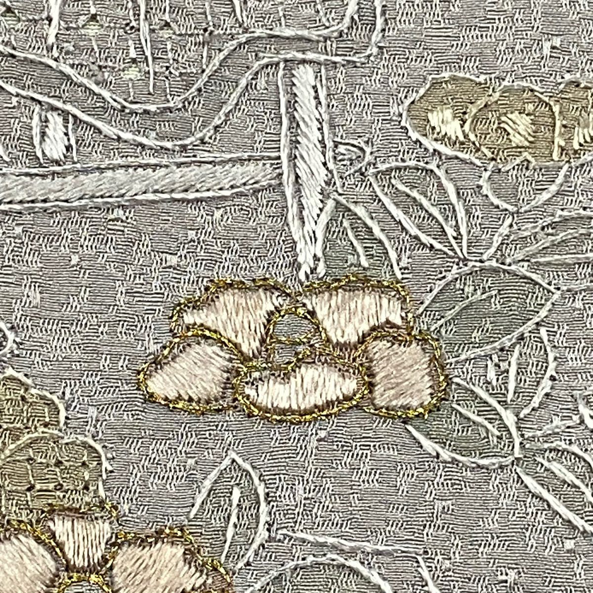 付下 身長156.5cm 袖長66cm M 雙層 家屋 草花紋紋 金糸刺繡 灰紫 純蠶絲 秀品級