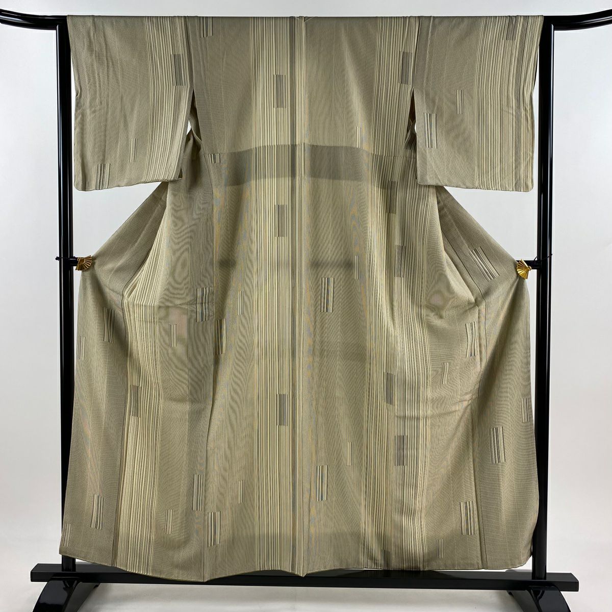 【美品】 小紋 身長158cm 袖長63cm S 雙層 大和 背抜 縱條紋 米色 純蠶絲 優品級